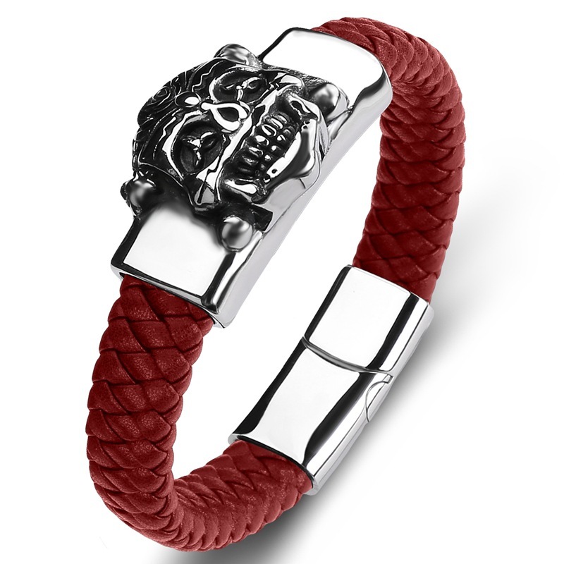 Men's Braided Leather Bracelet Handmade Woven Silver Skull Head Chain Stainless Steel Clasp Wristband Cuff Rope Bangle for Men Gifts