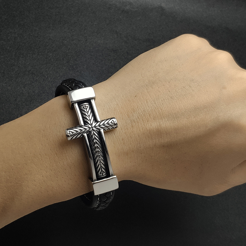 Men's Braided Leather Bracelet Silver Cross Stainless Steel Clasp Wristband Cuff Rope Bangle for Men Gifts