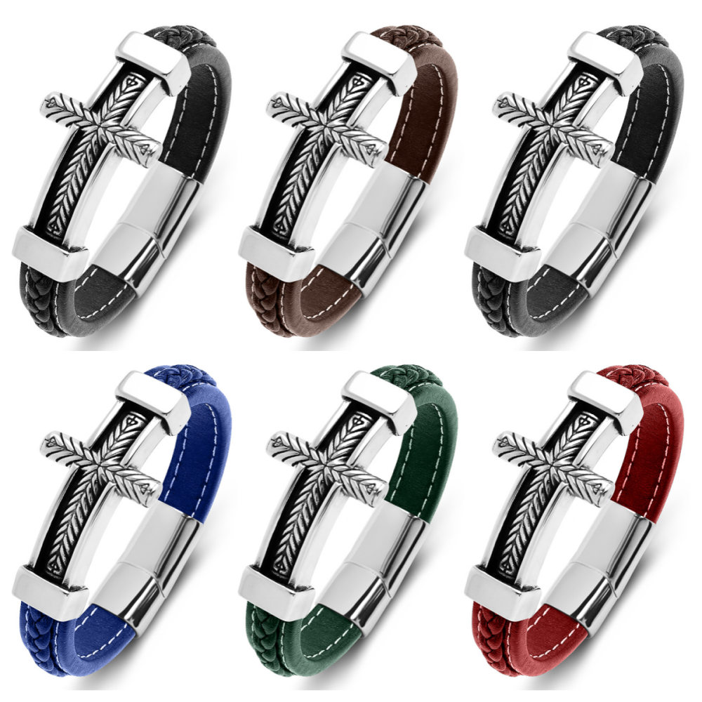 Men's Braided Leather Bracelet Silver Cross Stainless Steel Clasp Wristband Cuff Rope Bangle for Men Gifts
