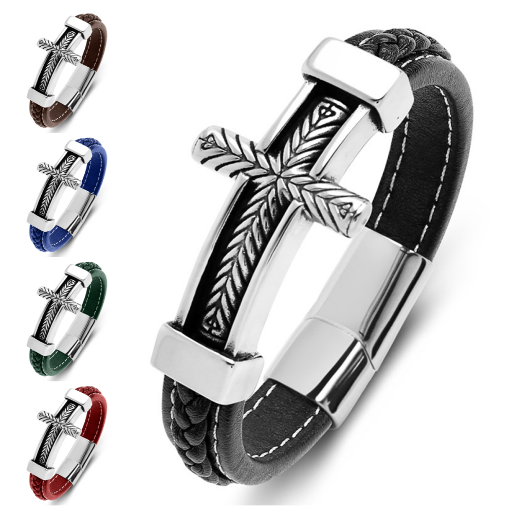 Men's Braided Leather Bracelet Silver Cross Stainless Steel Clasp Wristband Cuff Rope Bangle for Men Gifts
