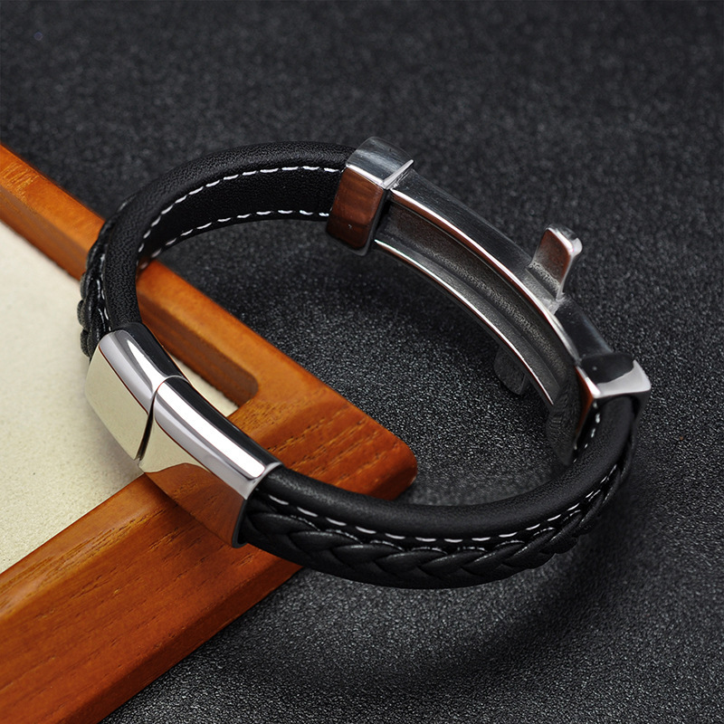 Men's Braided Leather Bracelet Silver Cross Stainless Steel Clasp Wristband Cuff Rope Bangle for Men Gifts