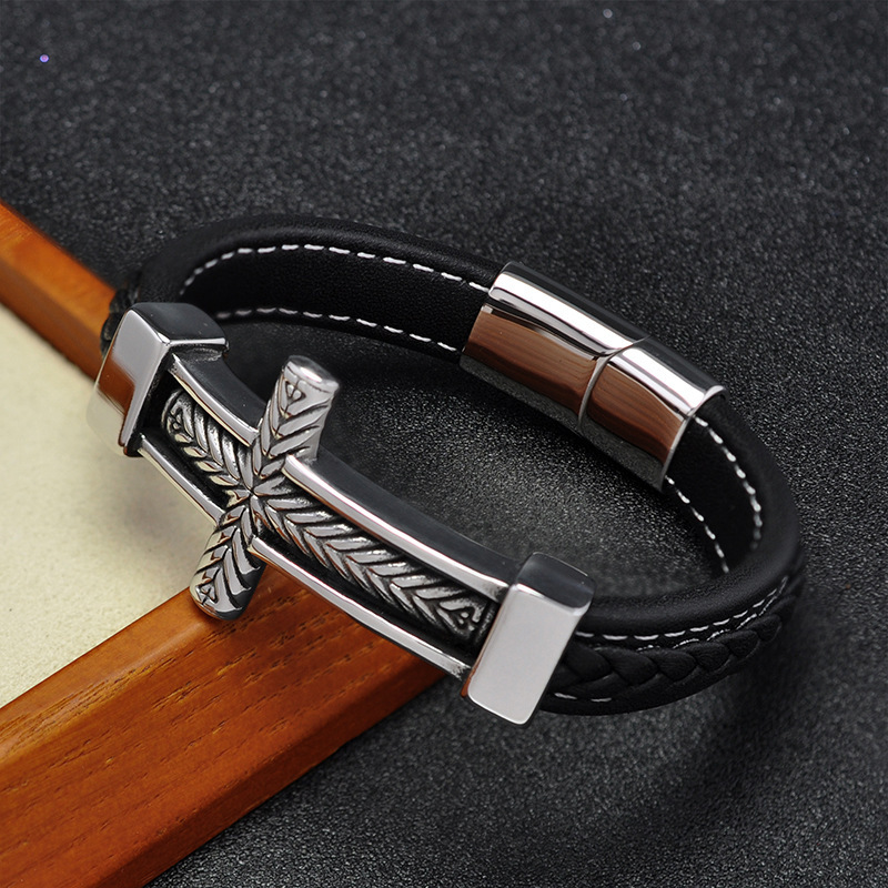 Men's Braided Leather Bracelet Silver Cross Stainless Steel Clasp Wristband Cuff Rope Bangle for Men Gifts