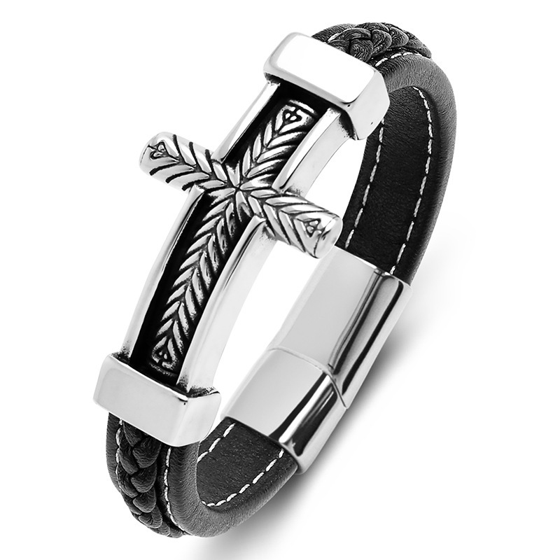 Men's Braided Leather Bracelet Silver Cross Stainless Steel Clasp Wristband Cuff Rope Bangle for Men Gifts