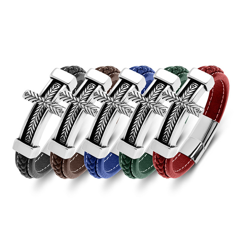 Men's Braided Leather Bracelet Silver Cross Stainless Steel Clasp Wristband Cuff Rope Bangle for Men Gifts