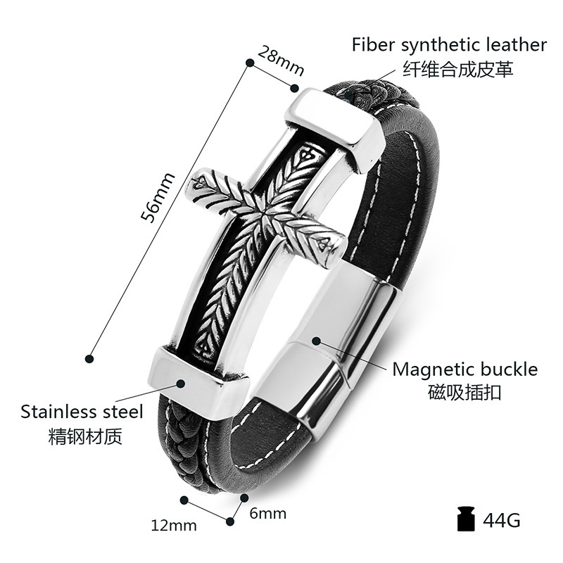 Men's Braided Leather Bracelet Silver Cross Stainless Steel Clasp Wristband Cuff Rope Bangle for Men Gifts