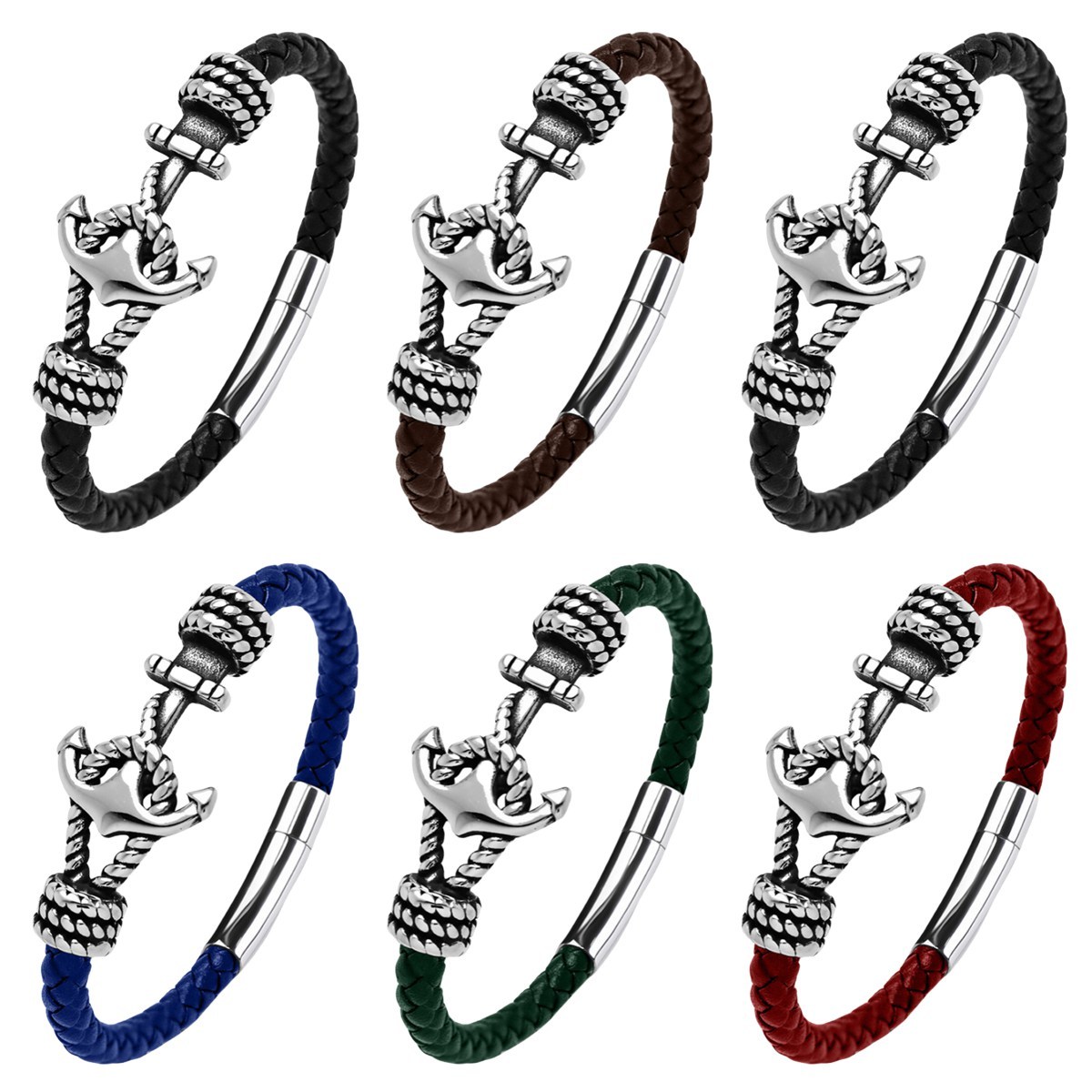 Men's Braided Leather Bracelet Silver Anchor Stainless Steel Clasp Wristband Cuff Rope Bangle for Men Gifts