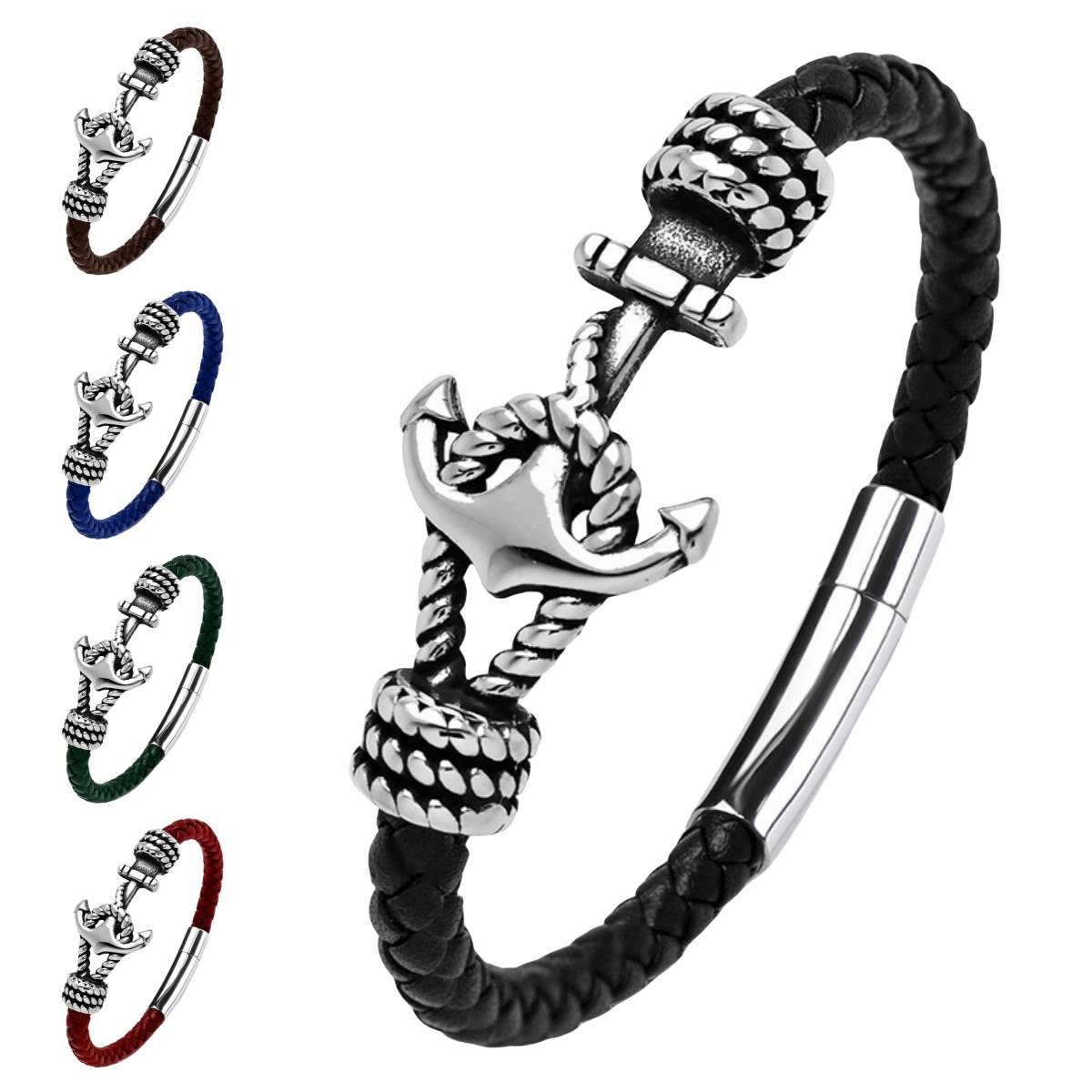 Men's Braided Leather Bracelet Silver Anchor Stainless Steel Clasp Wristband Cuff Rope Bangle for Men Gifts
