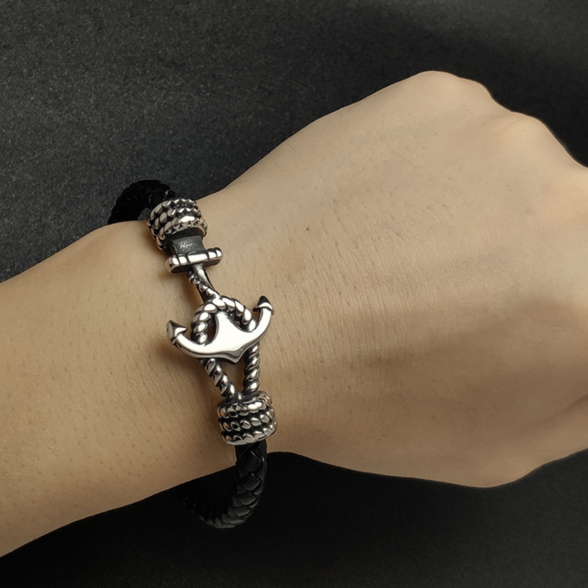 Men's Braided Leather Bracelet Silver Anchor Stainless Steel Clasp Wristband Cuff Rope Bangle for Men Gifts