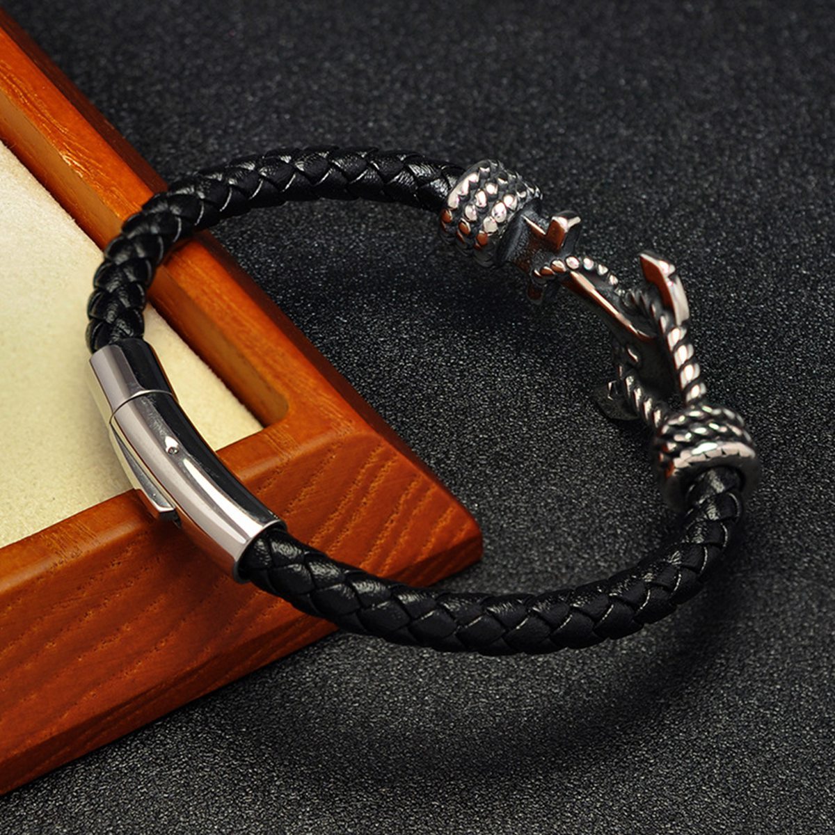 Men's Braided Leather Bracelet Silver Anchor Stainless Steel Clasp Wristband Cuff Rope Bangle for Men Gifts