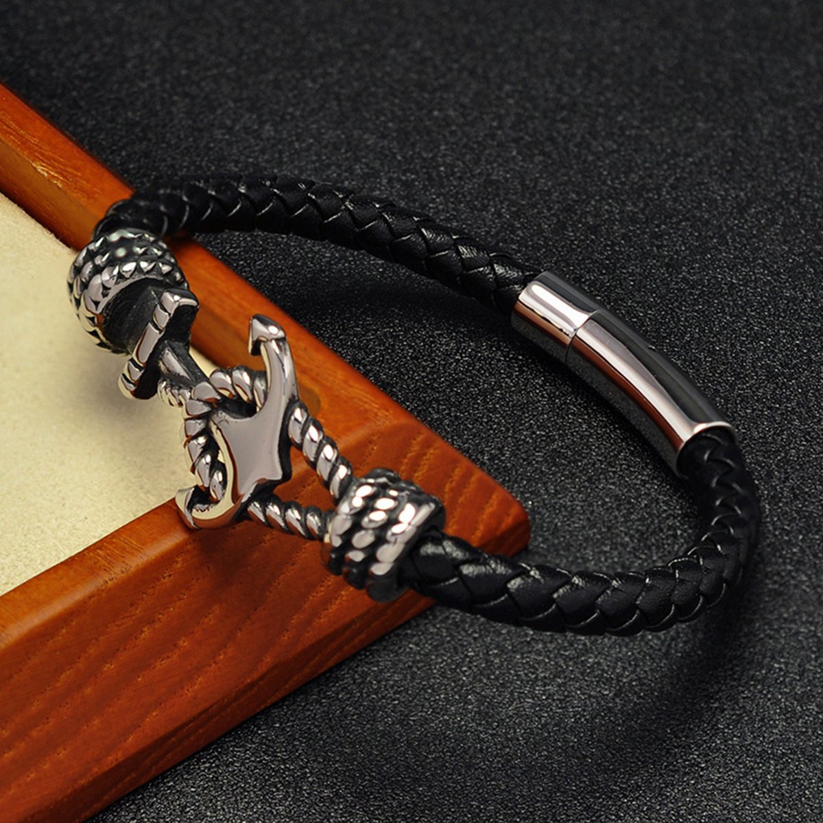 Men's Braided Leather Bracelet Silver Anchor Stainless Steel Clasp Wristband Cuff Rope Bangle for Men Gifts