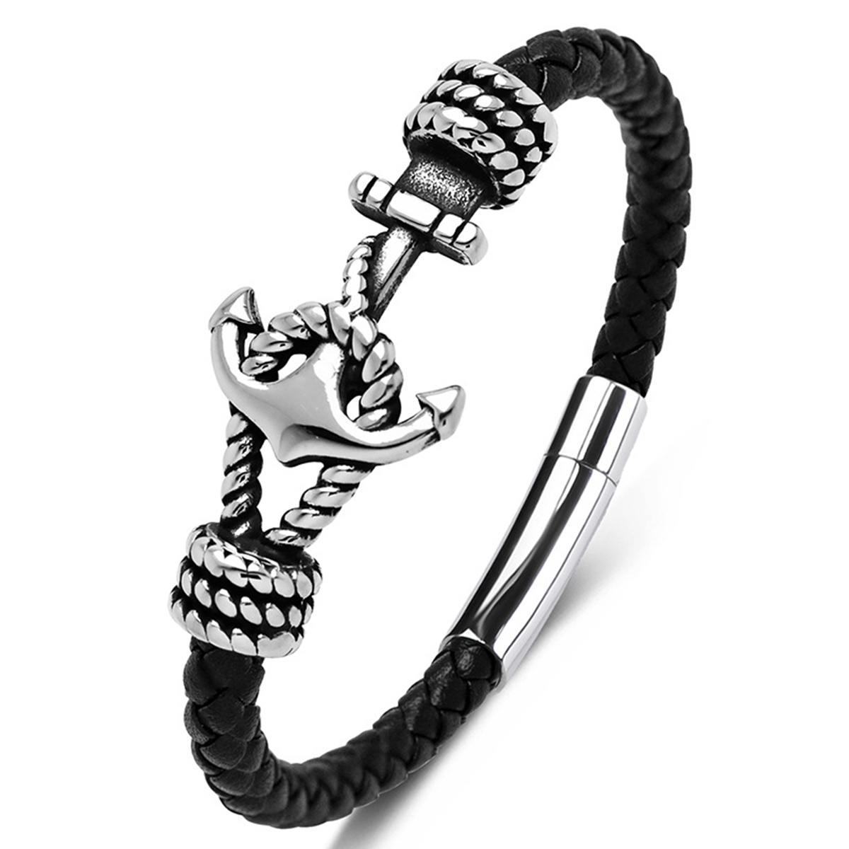 Men's Braided Leather Bracelet Silver Anchor Stainless Steel Clasp Wristband Cuff Rope Bangle for Men Gifts