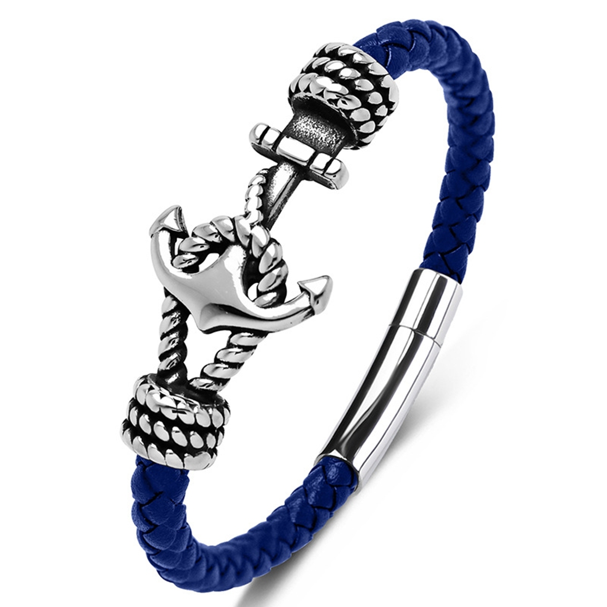 Men's Braided Leather Bracelet Silver Anchor Stainless Steel Clasp Wristband Cuff Rope Bangle for Men Gifts