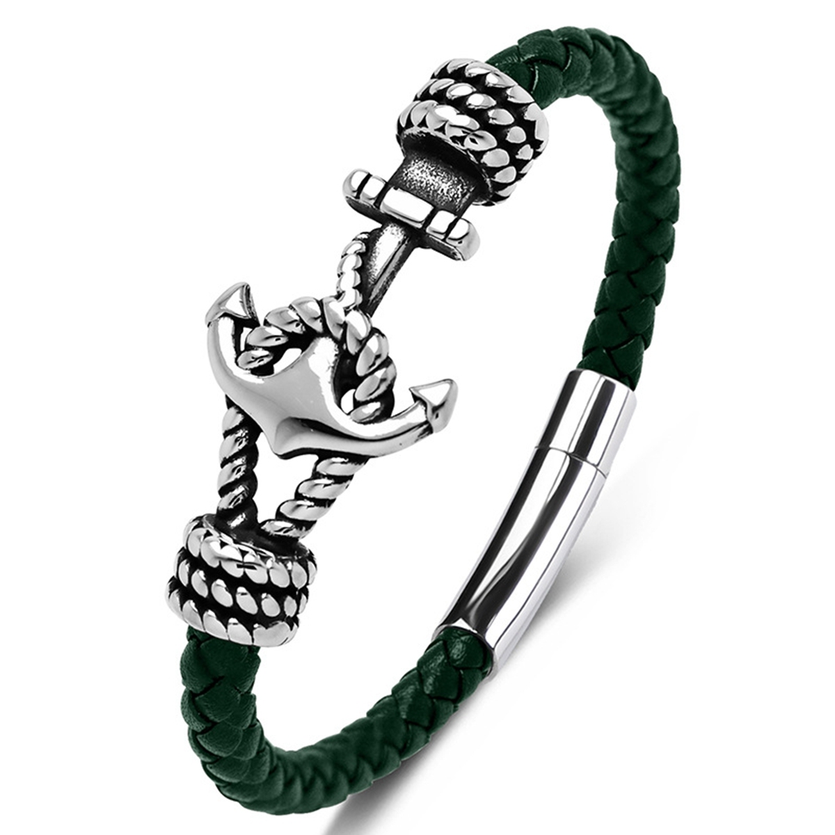 Men's Braided Leather Bracelet Silver Anchor Stainless Steel Clasp Wristband Cuff Rope Bangle for Men Gifts