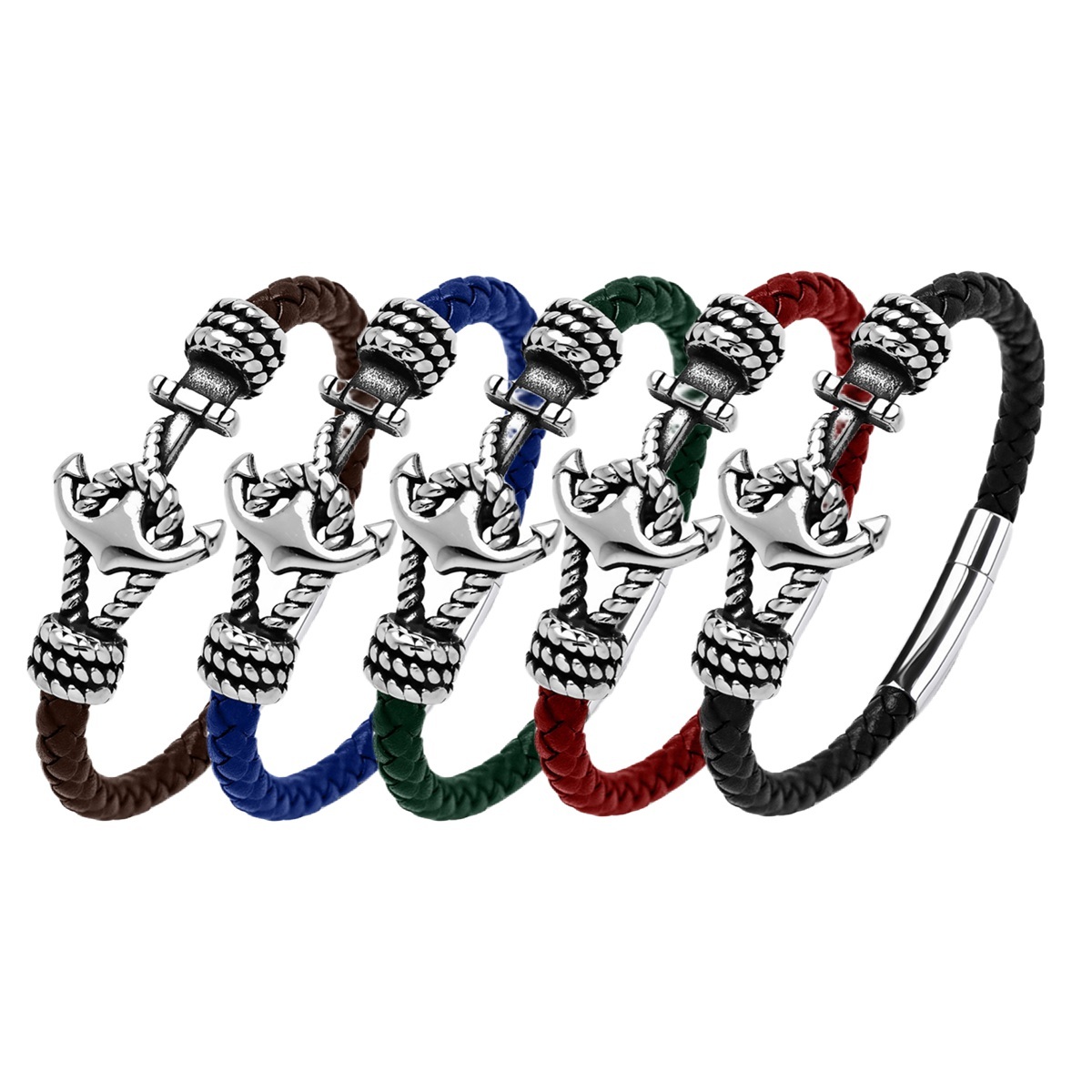 Men's Braided Leather Bracelet Silver Anchor Stainless Steel Clasp Wristband Cuff Rope Bangle for Men Gifts