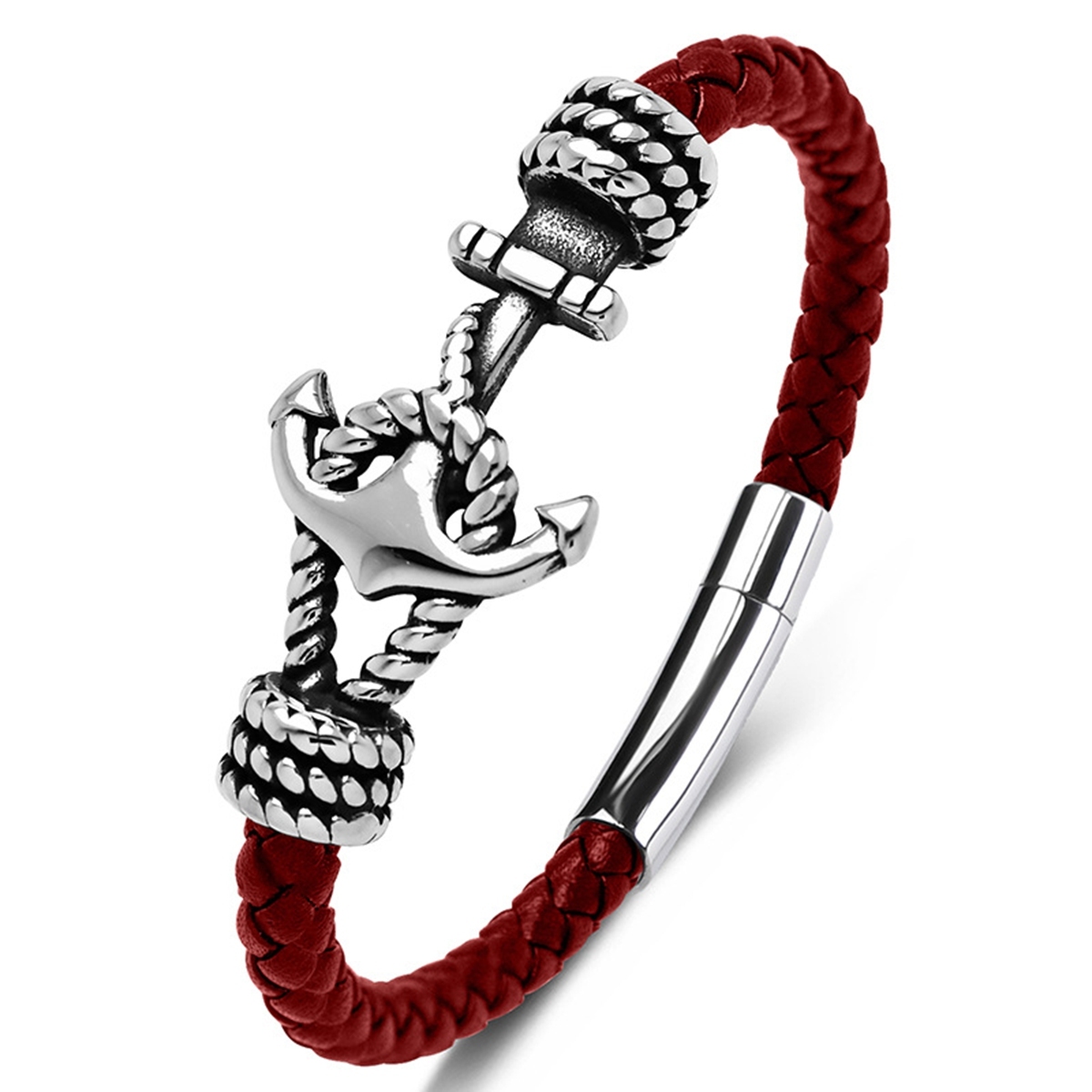 Men's Braided Leather Bracelet Silver Anchor Stainless Steel Clasp Wristband Cuff Rope Bangle for Men Gifts