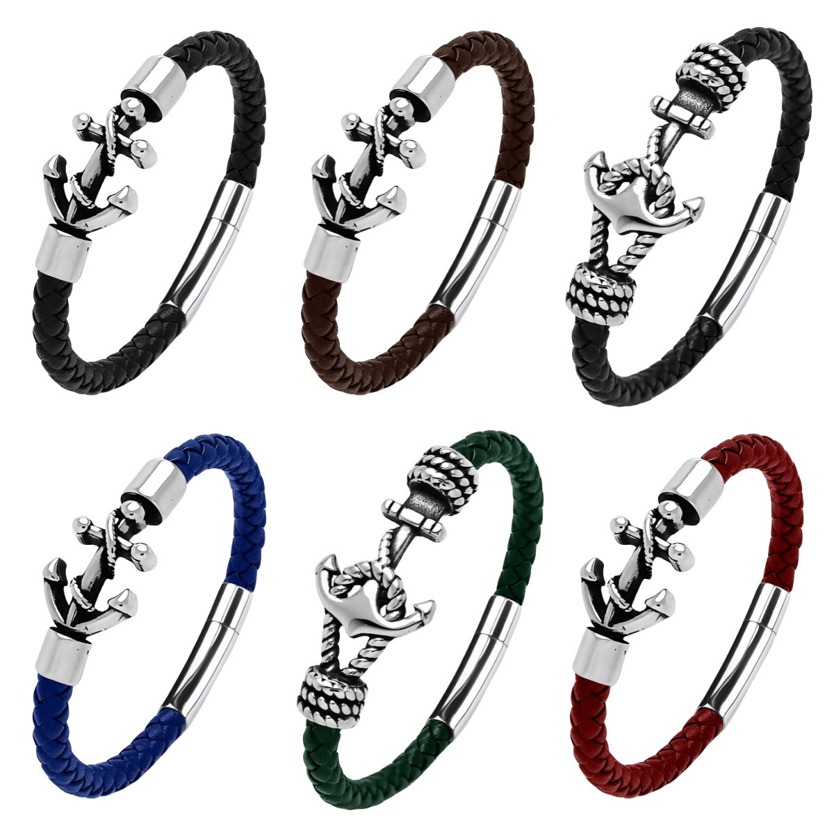 Men's Braided Leather Bracelet Silver Anchor Stainless Steel Clasp Wristband Cuff Rope Bangle for Men Gifts