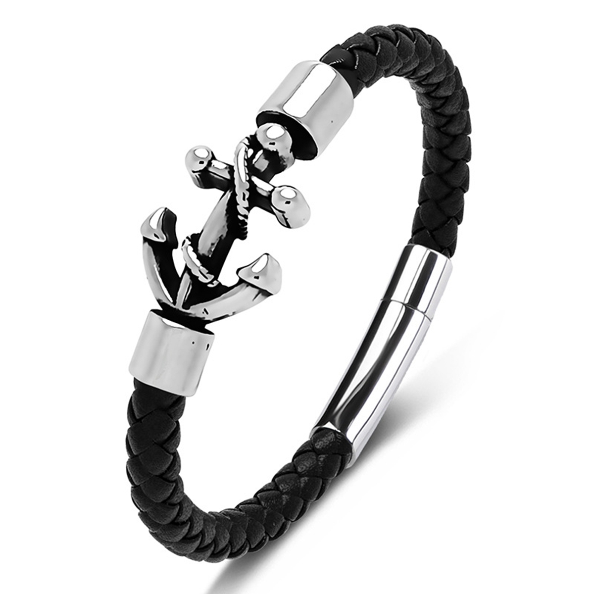 Men's Braided Leather Bracelet Silver Anchor Stainless Steel Clasp Wristband Cuff Rope Bangle for Men Gifts