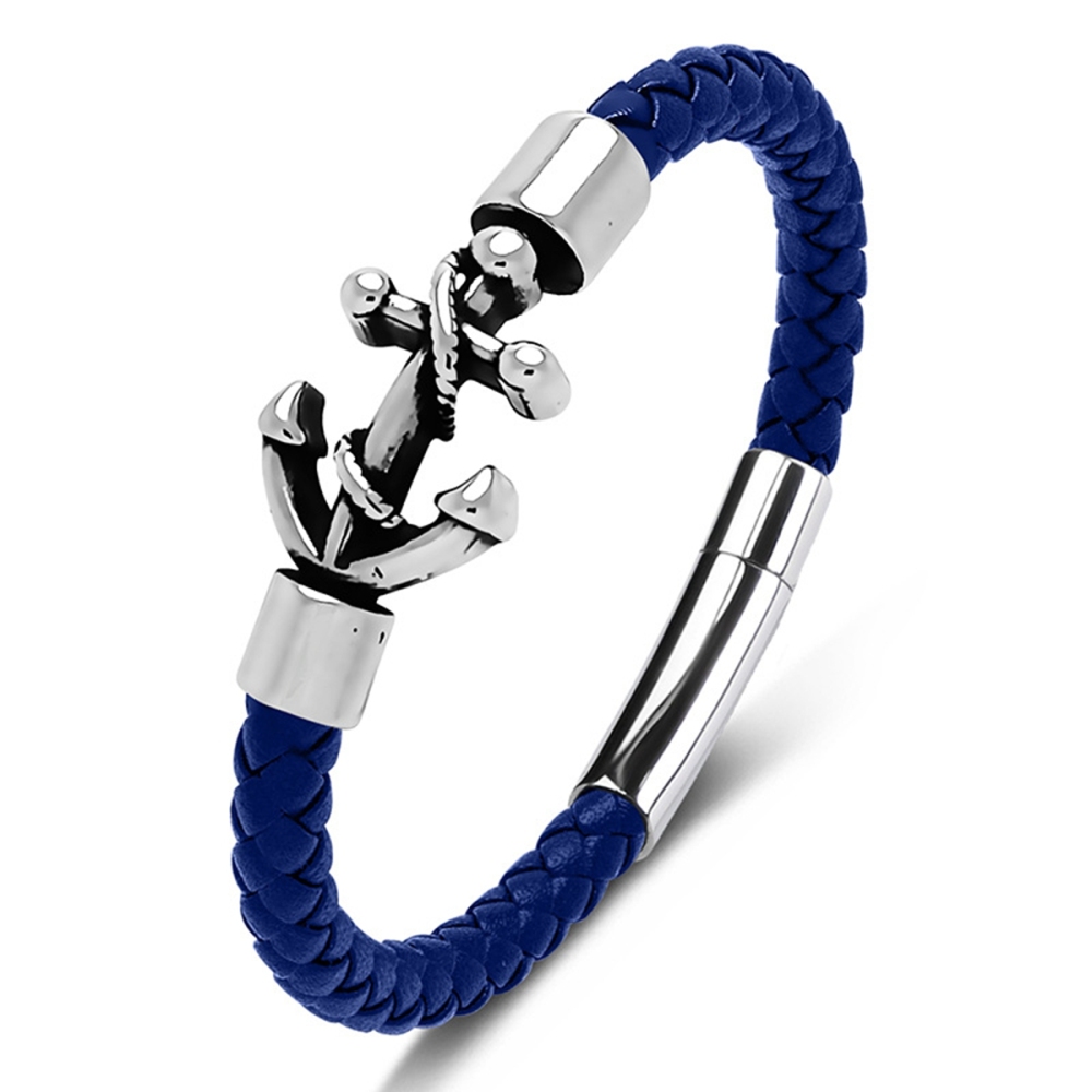 Men's Braided Leather Bracelet Silver Anchor Stainless Steel Clasp Wristband Cuff Rope Bangle for Men Gifts