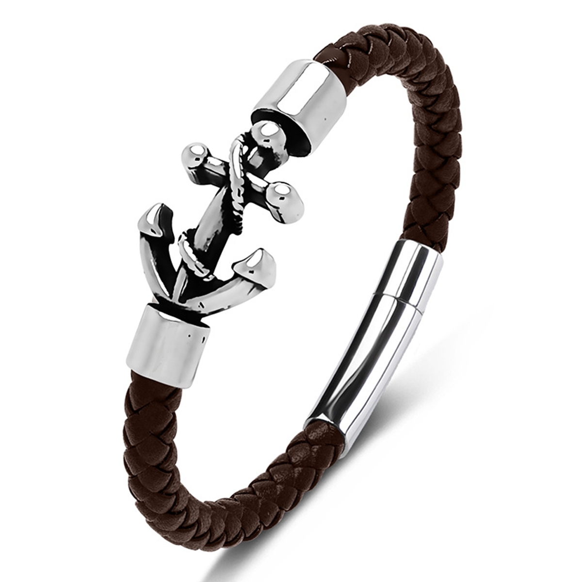 Men's Braided Leather Bracelet Silver Anchor Stainless Steel Clasp Wristband Cuff Rope Bangle for Men Gifts