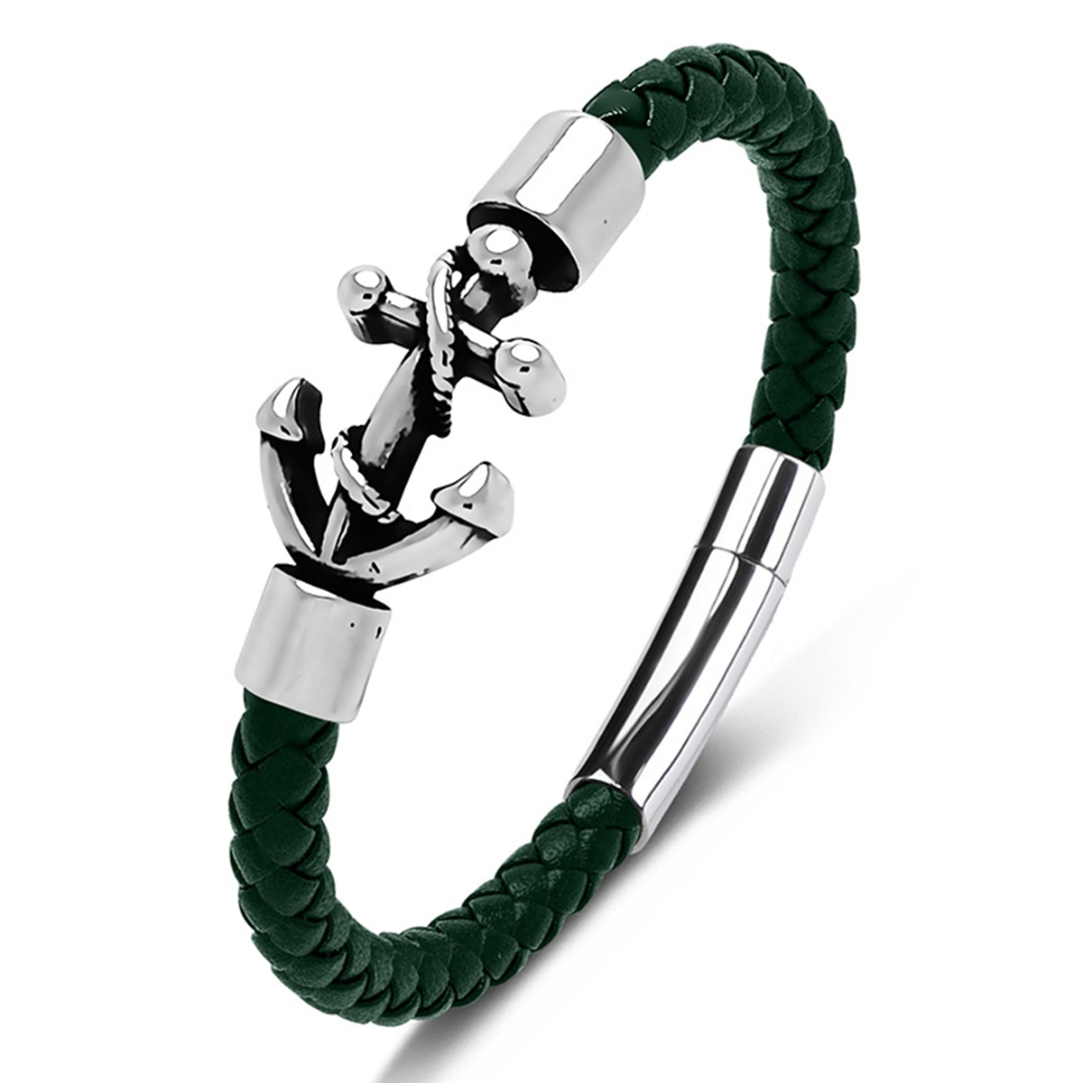 Men's Braided Leather Bracelet Silver Anchor Stainless Steel Clasp Wristband Cuff Rope Bangle for Men Gifts