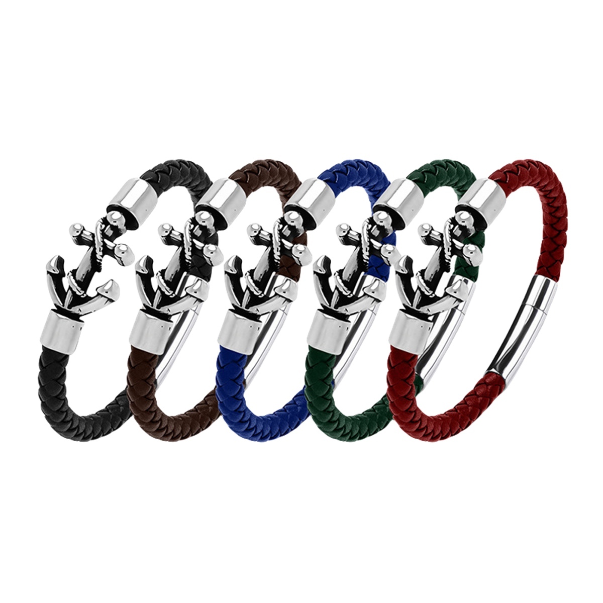Men's Braided Leather Bracelet Silver Anchor Stainless Steel Clasp Wristband Cuff Rope Bangle for Men Gifts