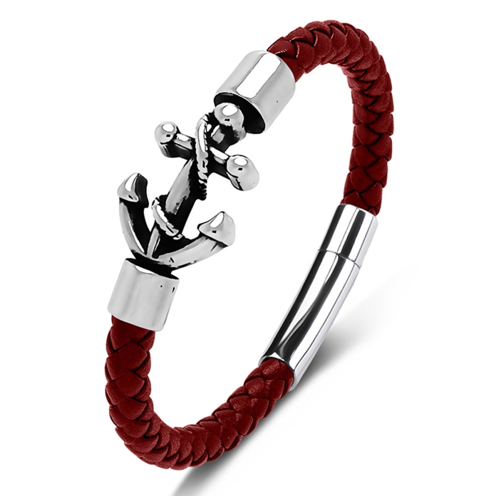 Men's Braided Leather Bracelet Silver Anchor Stainless Steel Clasp Wristband Cuff Rope Bangle for Men Gifts