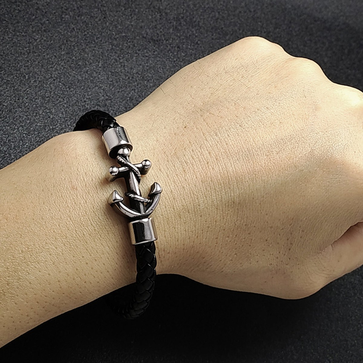 Men's Braided Leather Bracelet Silver Anchor Stainless Steel Clasp Wristband Cuff Rope Bangle for Men Gifts