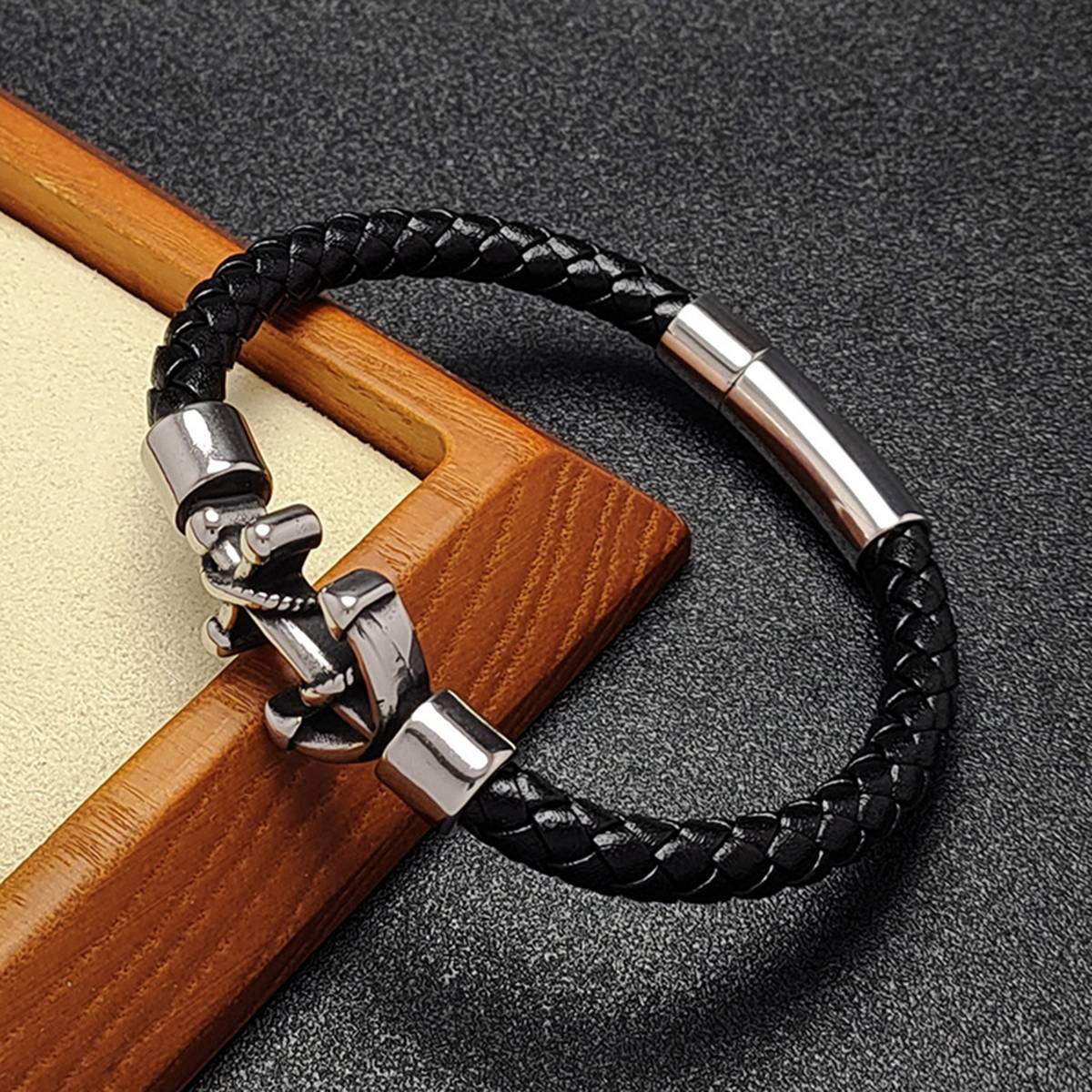 Men's Braided Leather Bracelet Silver Anchor Stainless Steel Clasp Wristband Cuff Rope Bangle for Men Gifts