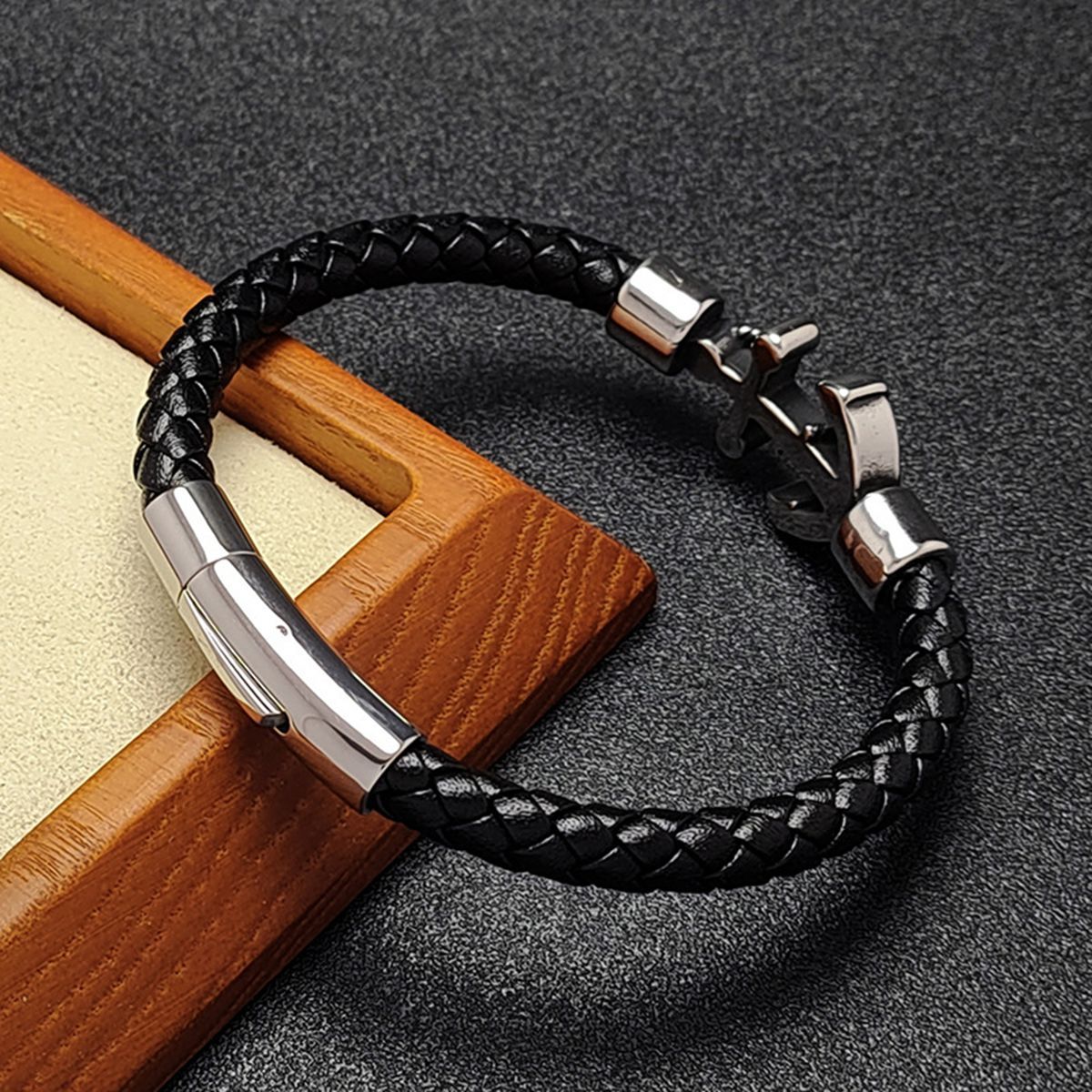 Men's Braided Leather Bracelet Silver Anchor Stainless Steel Clasp Wristband Cuff Rope Bangle for Men Gifts