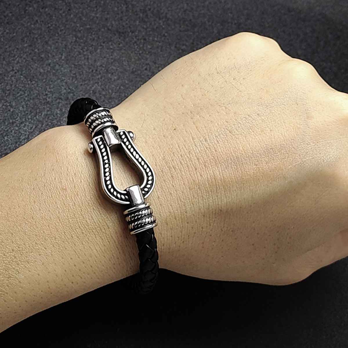 Men's Braided Leather Bracelet Silver Hourseshoe Clasp Stainless Steel Clasp Wristband Cuff Rope Bangle for Men Gifts