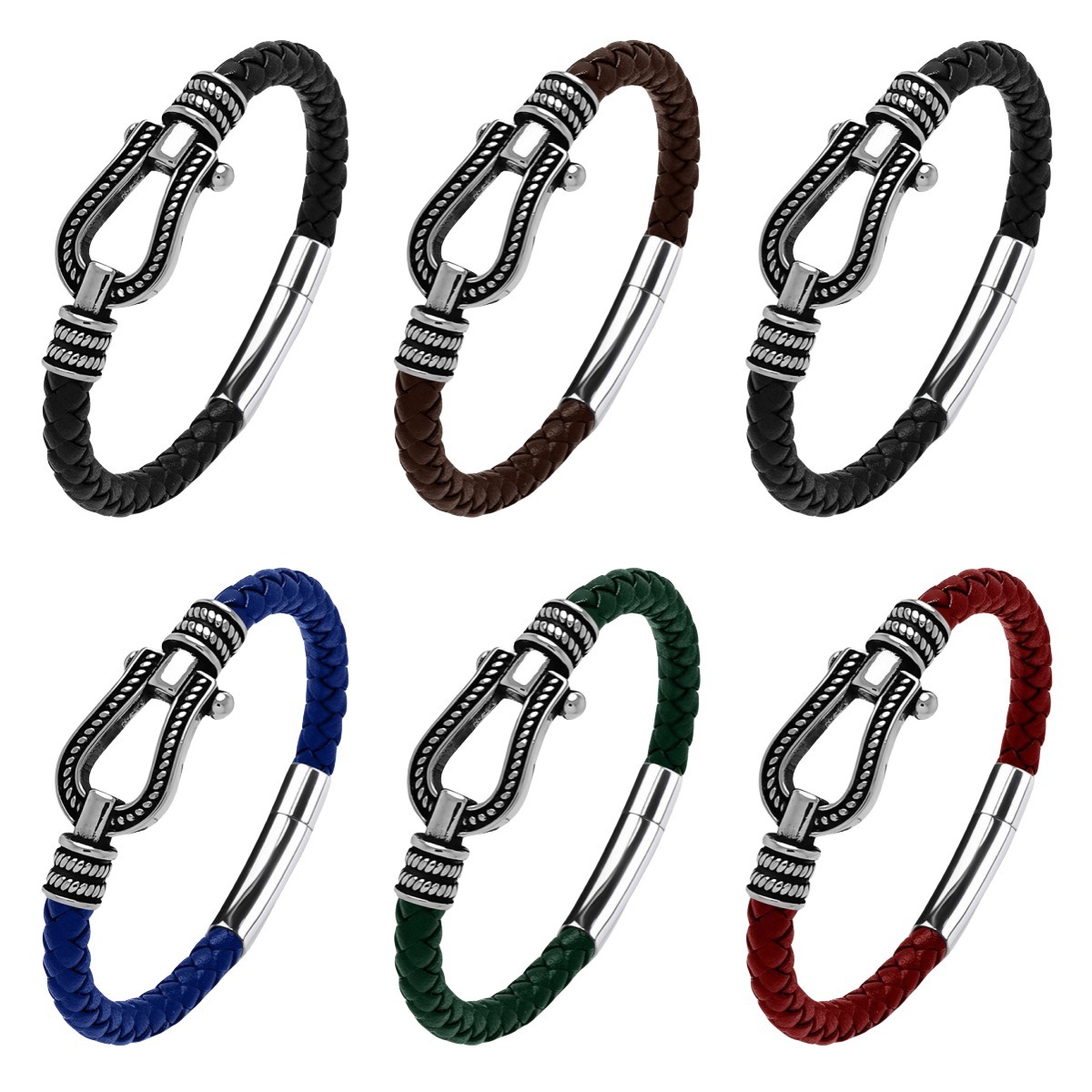 Men's Braided Leather Bracelet Silver Hourseshoe Clasp Stainless Steel Clasp Wristband Cuff Rope Bangle for Men Gifts