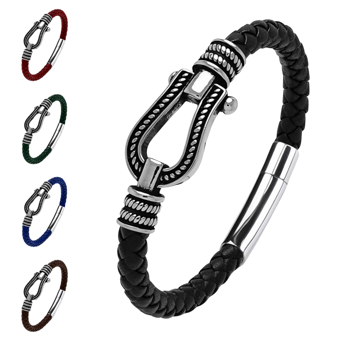Men's Braided Leather Bracelet Silver Hourseshoe Clasp Stainless Steel Clasp Wristband Cuff Rope Bangle for Men Gifts