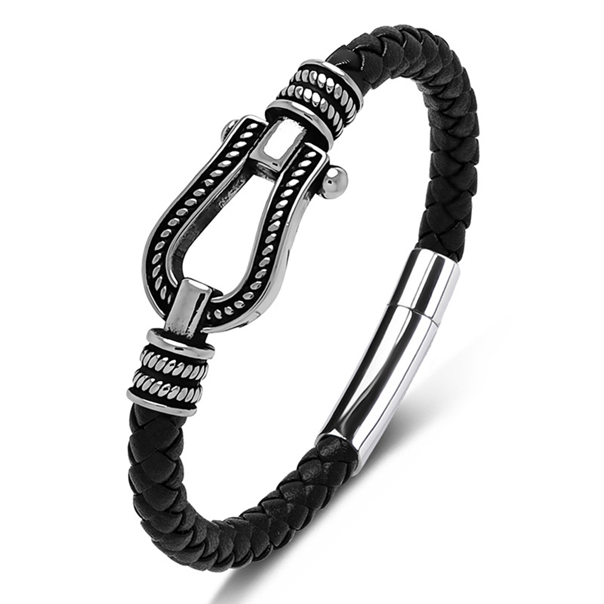 Men's Braided Leather Bracelet Silver Hourseshoe Clasp Stainless Steel Clasp Wristband Cuff Rope Bangle for Men Gifts