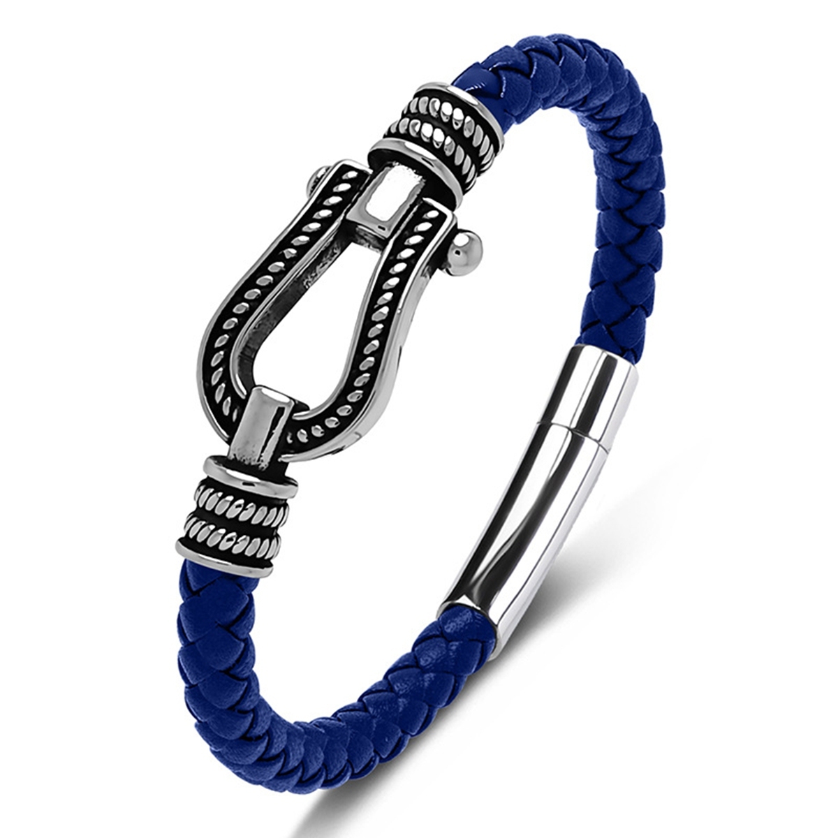 Men's Braided Leather Bracelet Silver Hourseshoe Clasp Stainless Steel Clasp Wristband Cuff Rope Bangle for Men Gifts