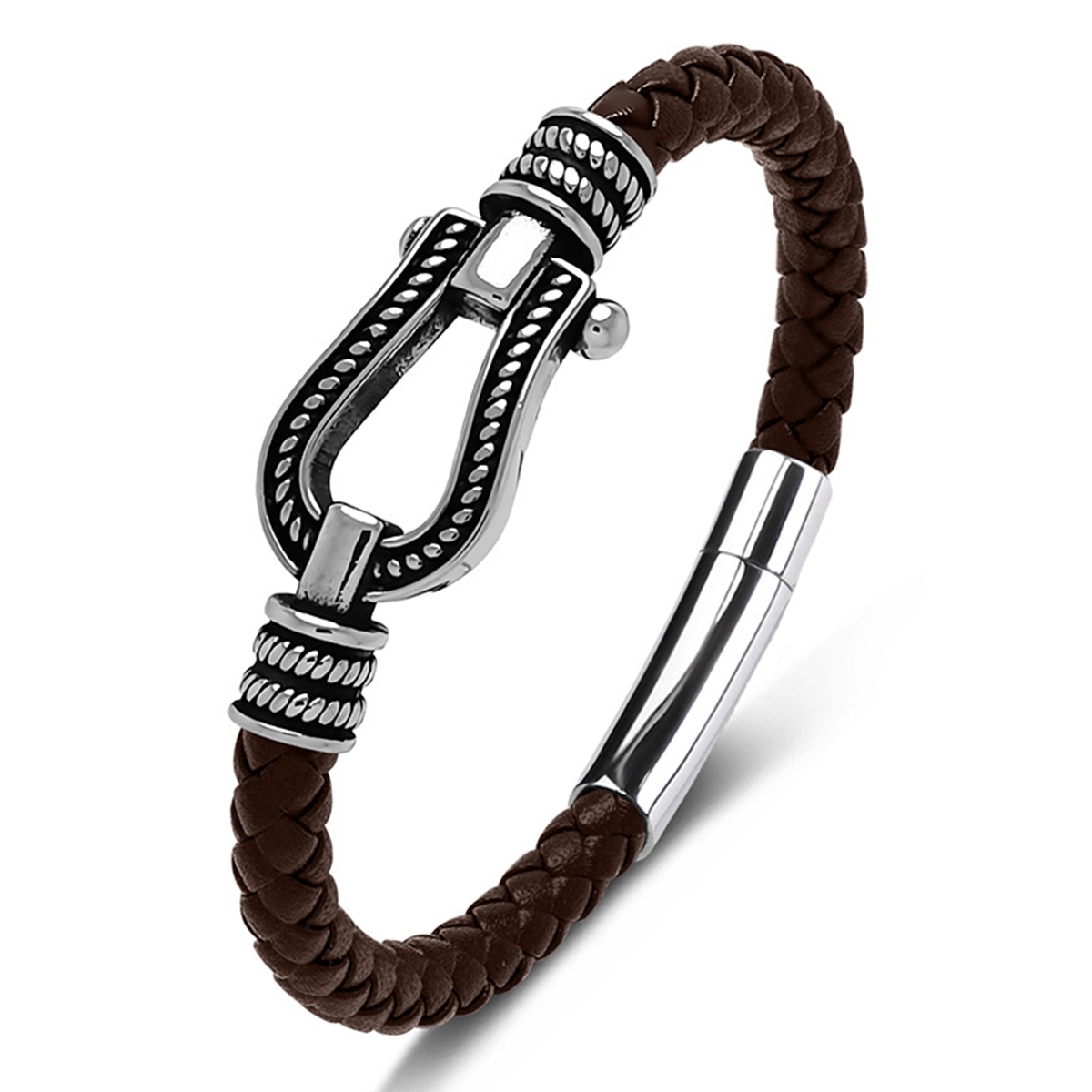 Men's Braided Leather Bracelet Silver Hourseshoe Clasp Stainless Steel Clasp Wristband Cuff Rope Bangle for Men Gifts