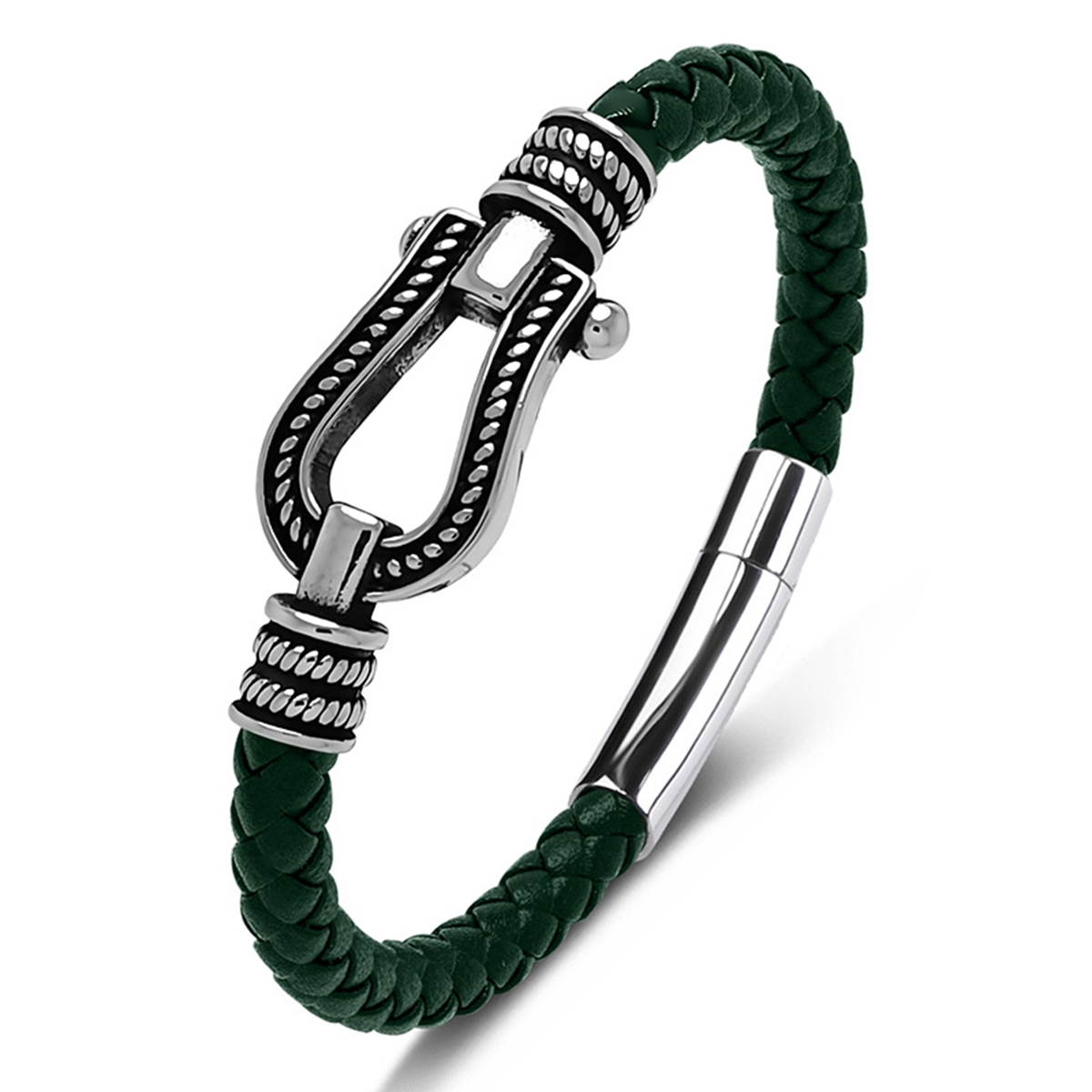 Men's Braided Leather Bracelet Silver Hourseshoe Clasp Stainless Steel Clasp Wristband Cuff Rope Bangle for Men Gifts