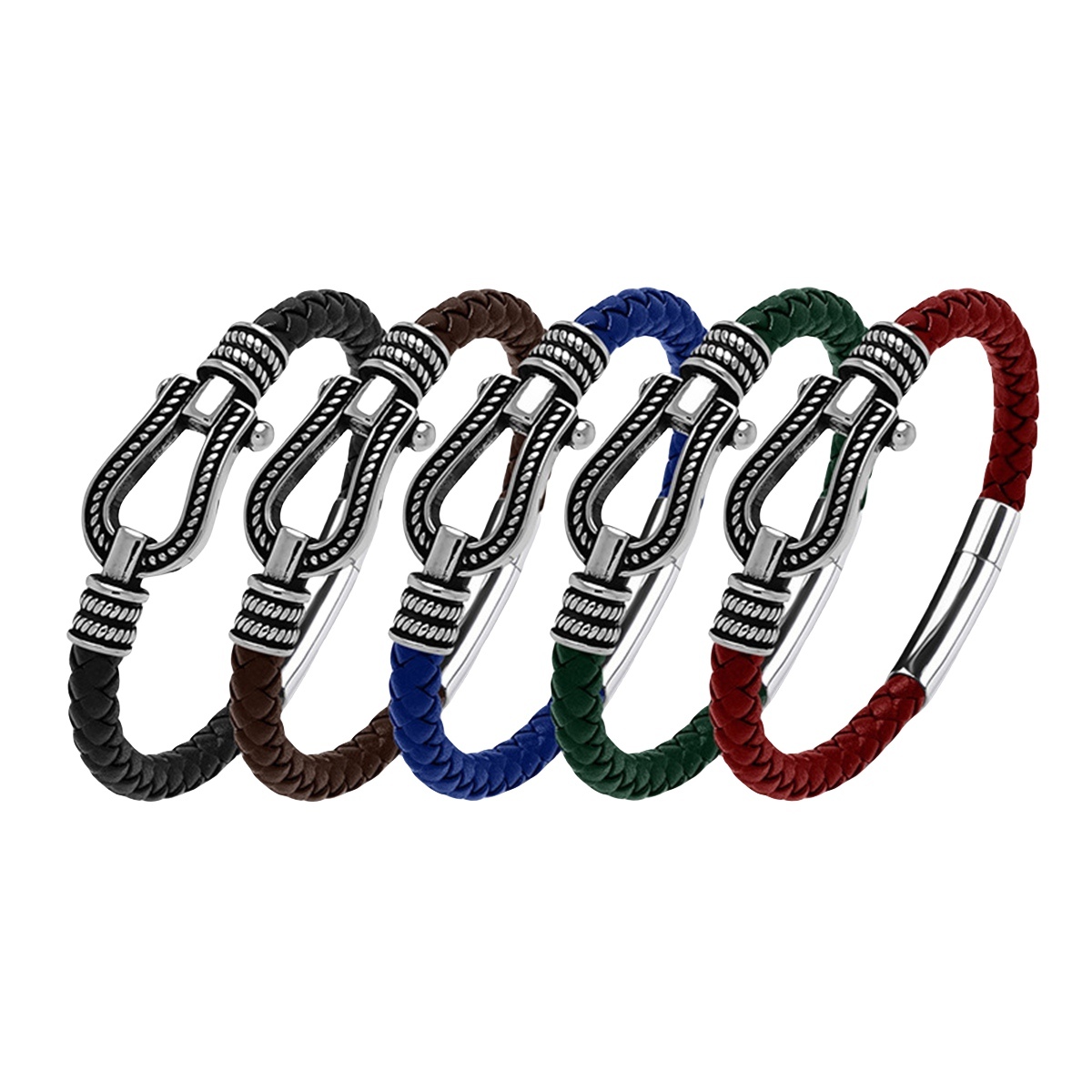 Men's Braided Leather Bracelet Silver Hourseshoe Clasp Stainless Steel Clasp Wristband Cuff Rope Bangle for Men Gifts