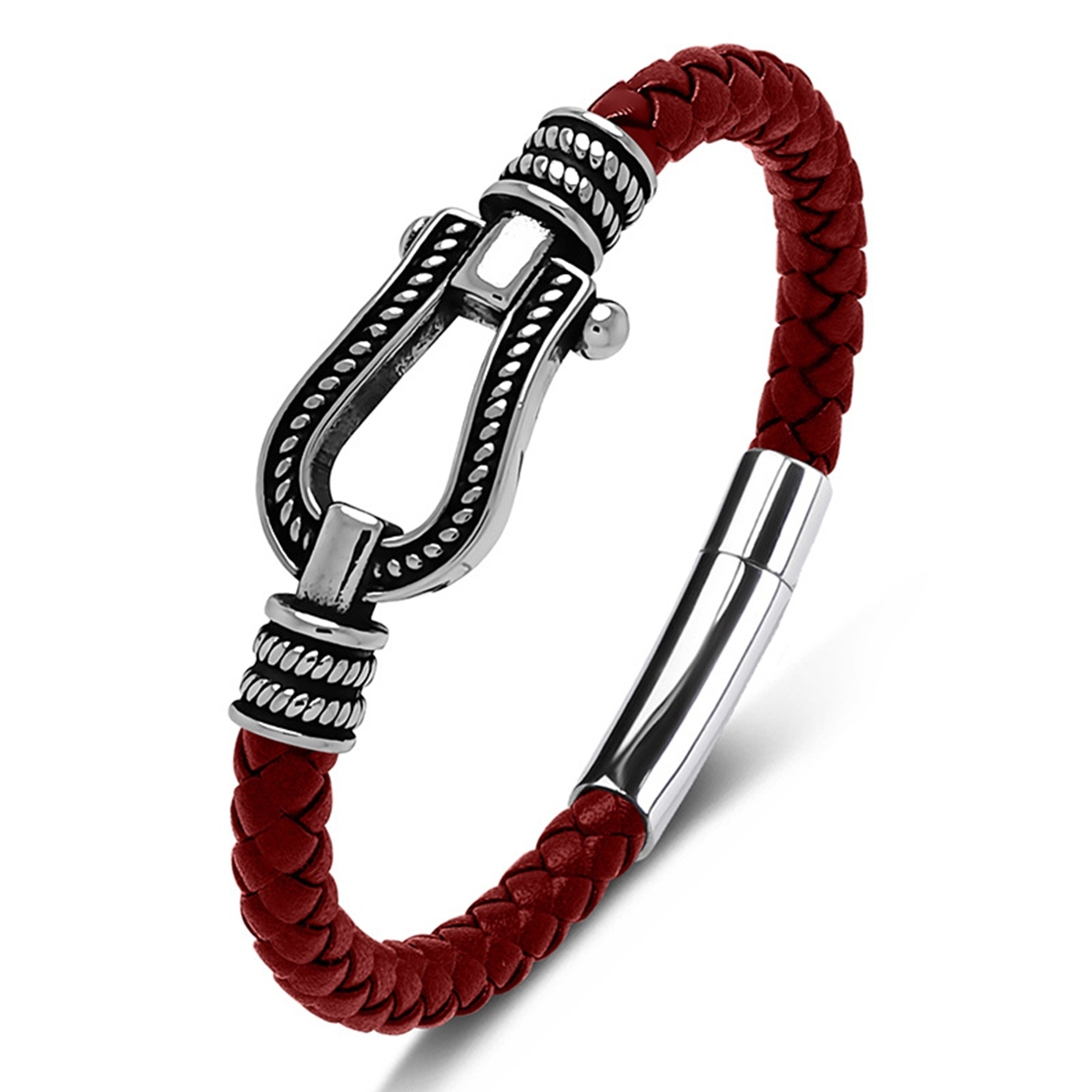 Men's Braided Leather Bracelet Silver Hourseshoe Clasp Stainless Steel Clasp Wristband Cuff Rope Bangle for Men Gifts