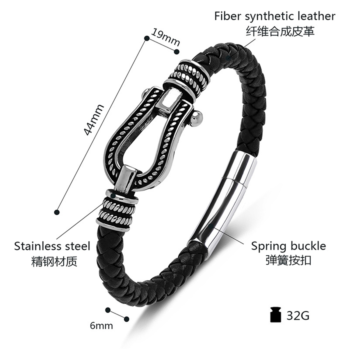 Men's Braided Leather Bracelet Silver Hourseshoe Clasp Stainless Steel Clasp Wristband Cuff Rope Bangle for Men Gifts