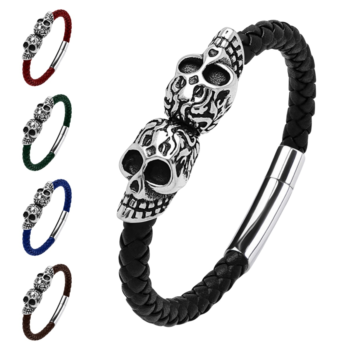 Men's Braided Leather Bracelet Silver Skull Stainless Steel Clasp Wristband Cuff Rope Bangle for Men Gifts