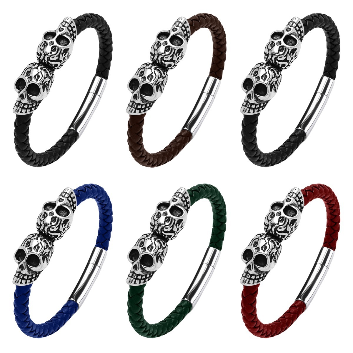 Men's Braided Leather Bracelet Silver Skull Stainless Steel Clasp Wristband Cuff Rope Bangle for Men Gifts