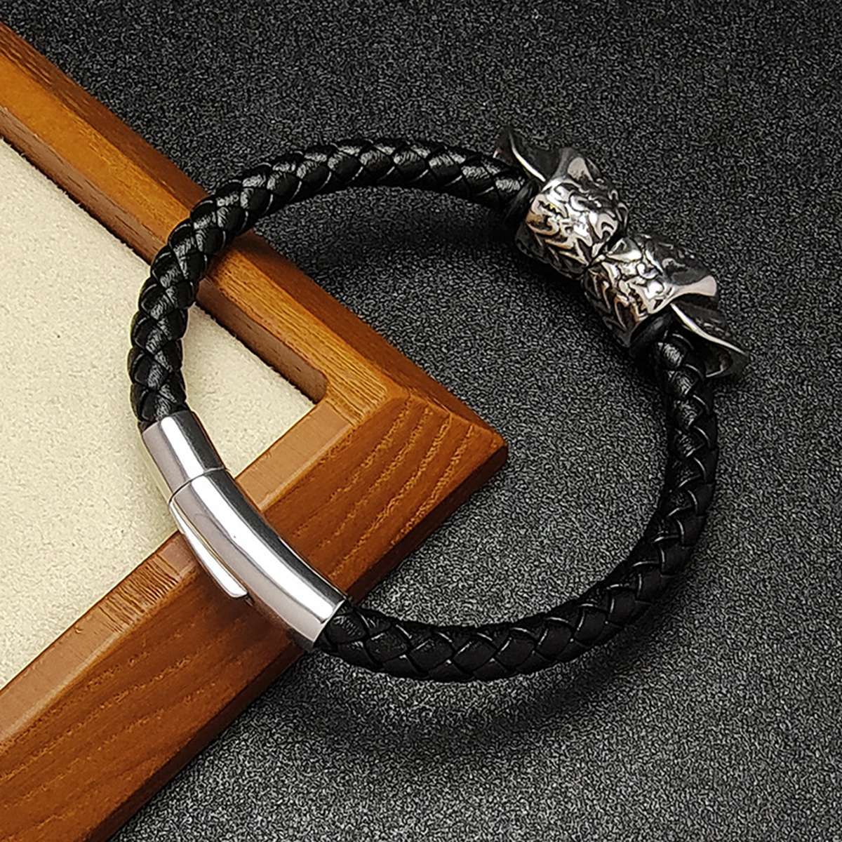 Men's Braided Leather Bracelet Silver Skull Stainless Steel Clasp Wristband Cuff Rope Bangle for Men Gifts