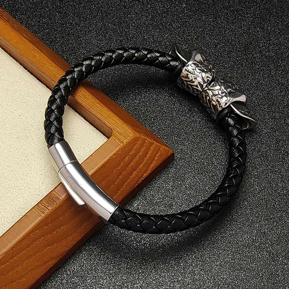 Men's Braided Leather Bracelet Silver Skull Stainless Steel Clasp Wristband Cuff Rope Bangle for Men Gifts