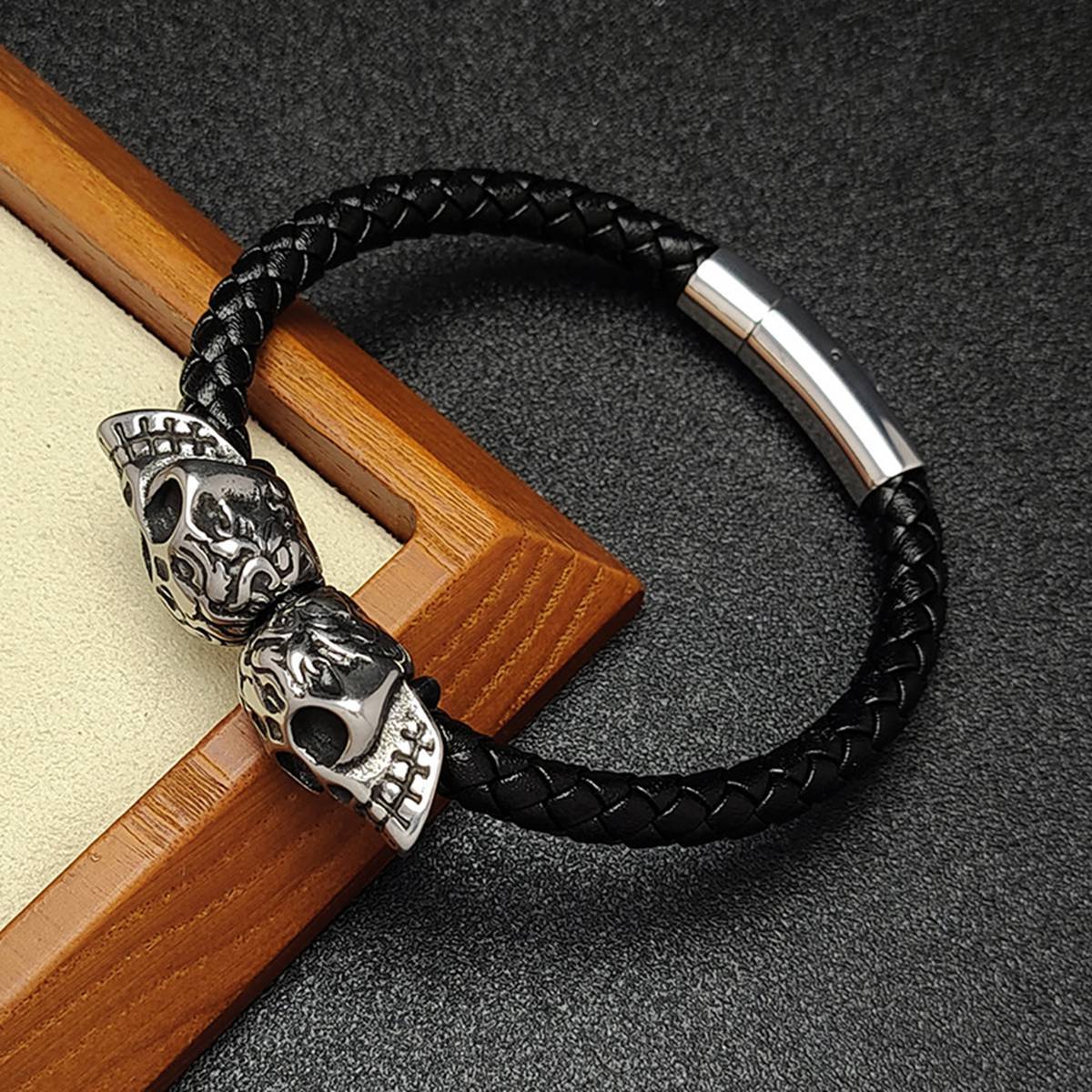 Men's Braided Leather Bracelet Silver Skull Stainless Steel Clasp Wristband Cuff Rope Bangle for Men Gifts