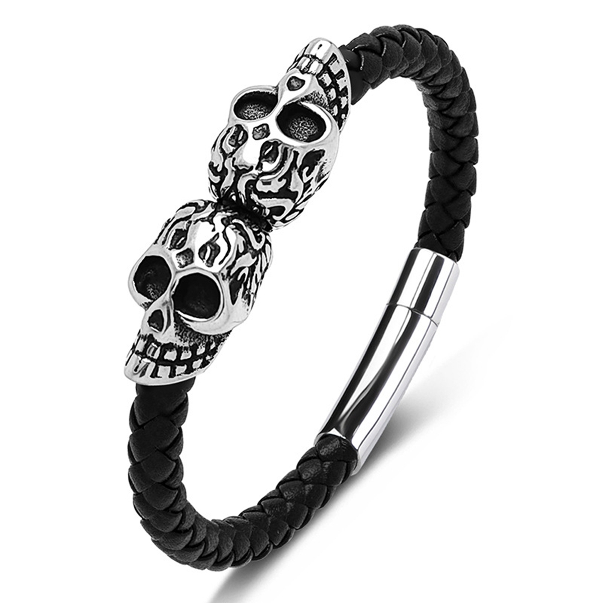 Men's Braided Leather Bracelet Silver Skull Stainless Steel Clasp Wristband Cuff Rope Bangle for Men Gifts