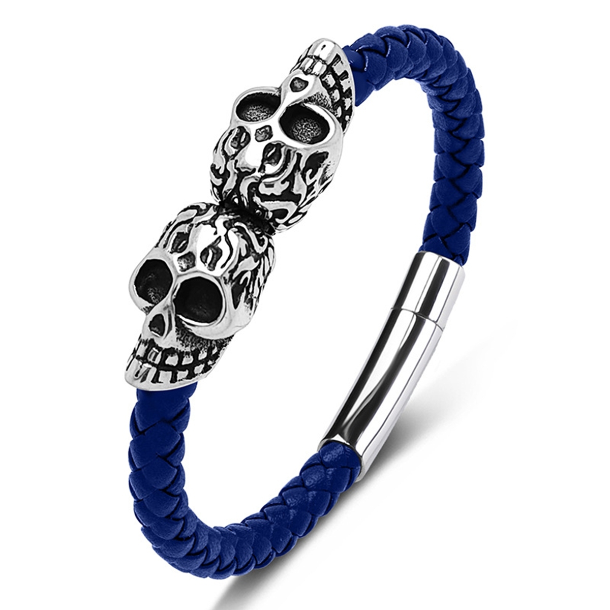 Men's Braided Leather Bracelet Silver Skull Stainless Steel Clasp Wristband Cuff Rope Bangle for Men Gifts