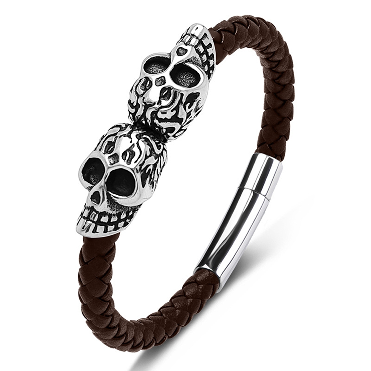 Men's Braided Leather Bracelet Silver Skull Stainless Steel Clasp Wristband Cuff Rope Bangle for Men Gifts