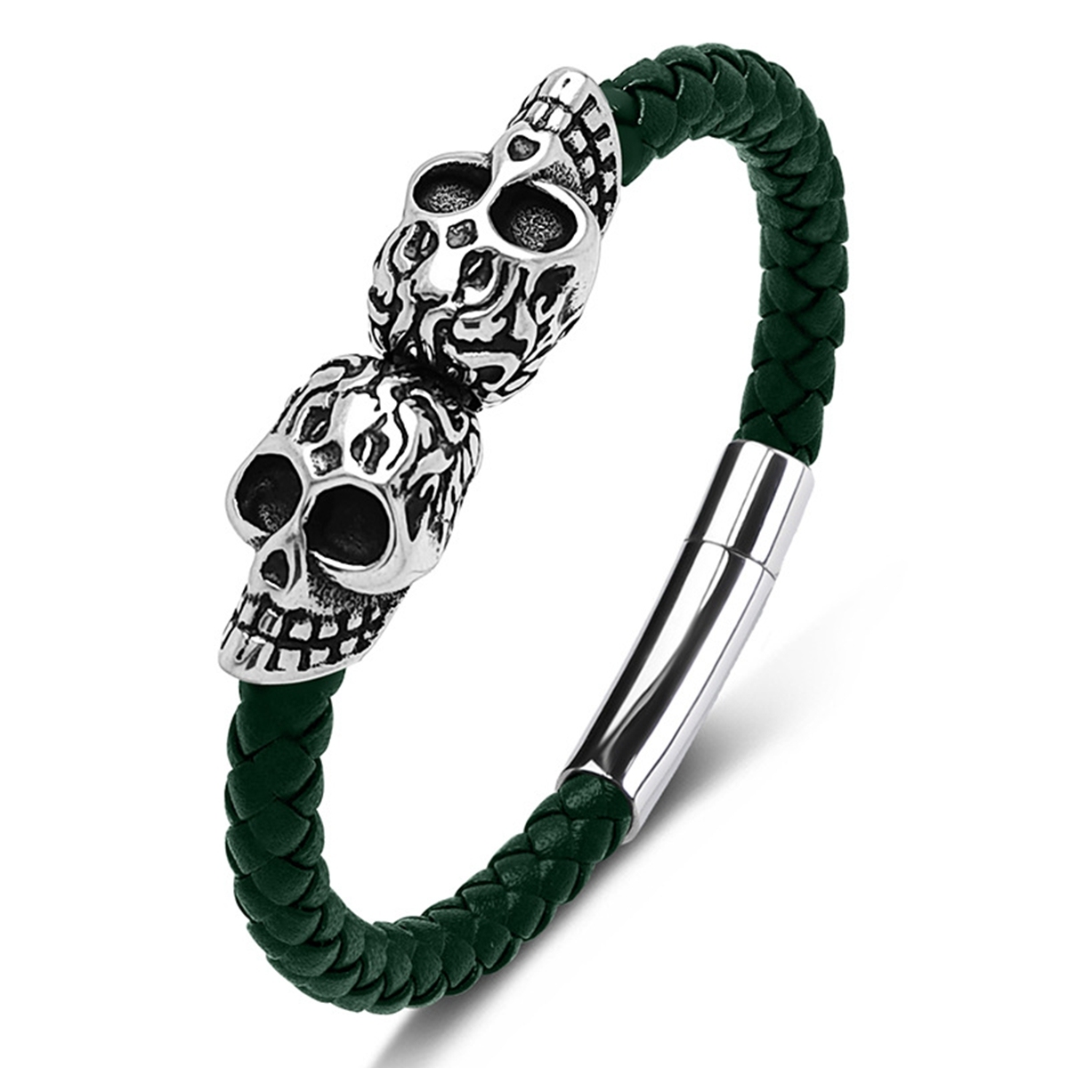 Men's Braided Leather Bracelet Silver Skull Stainless Steel Clasp Wristband Cuff Rope Bangle for Men Gifts
