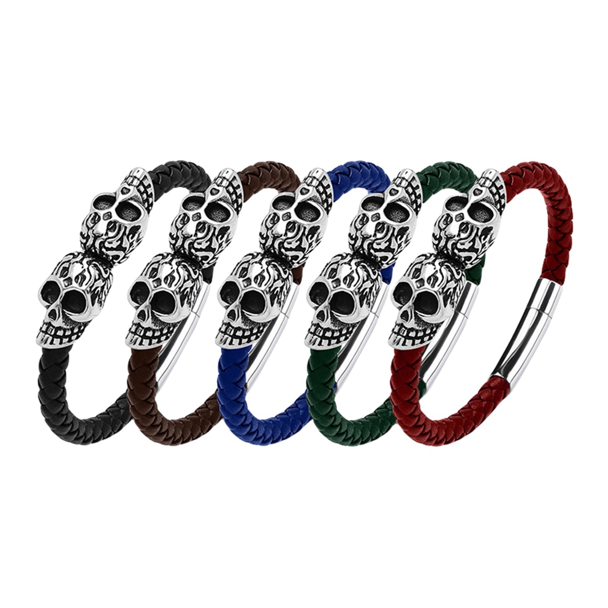 Men's Braided Leather Bracelet Silver Skull Stainless Steel Clasp Wristband Cuff Rope Bangle for Men Gifts