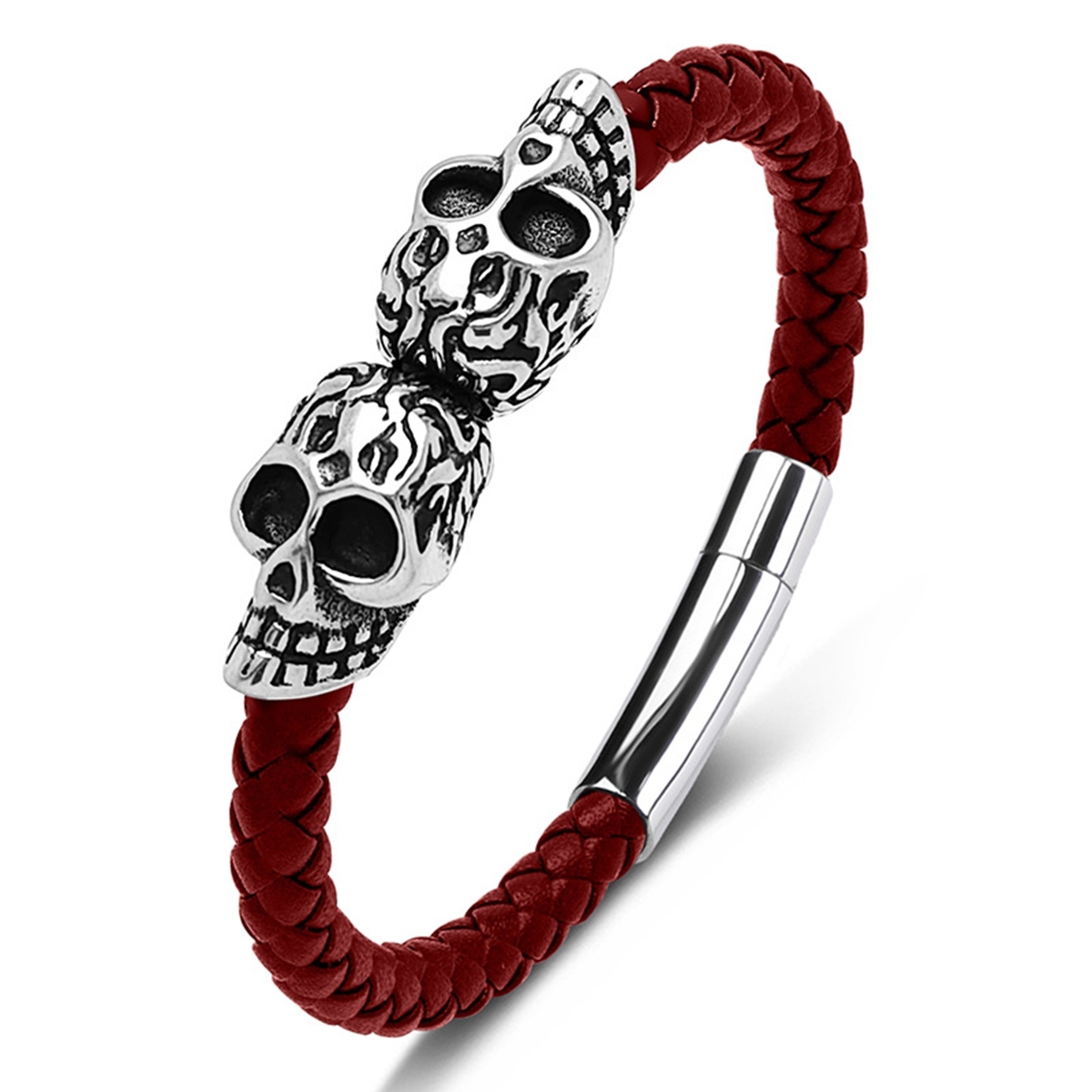 Men's Braided Leather Bracelet Silver Skull Stainless Steel Clasp Wristband Cuff Rope Bangle for Men Gifts